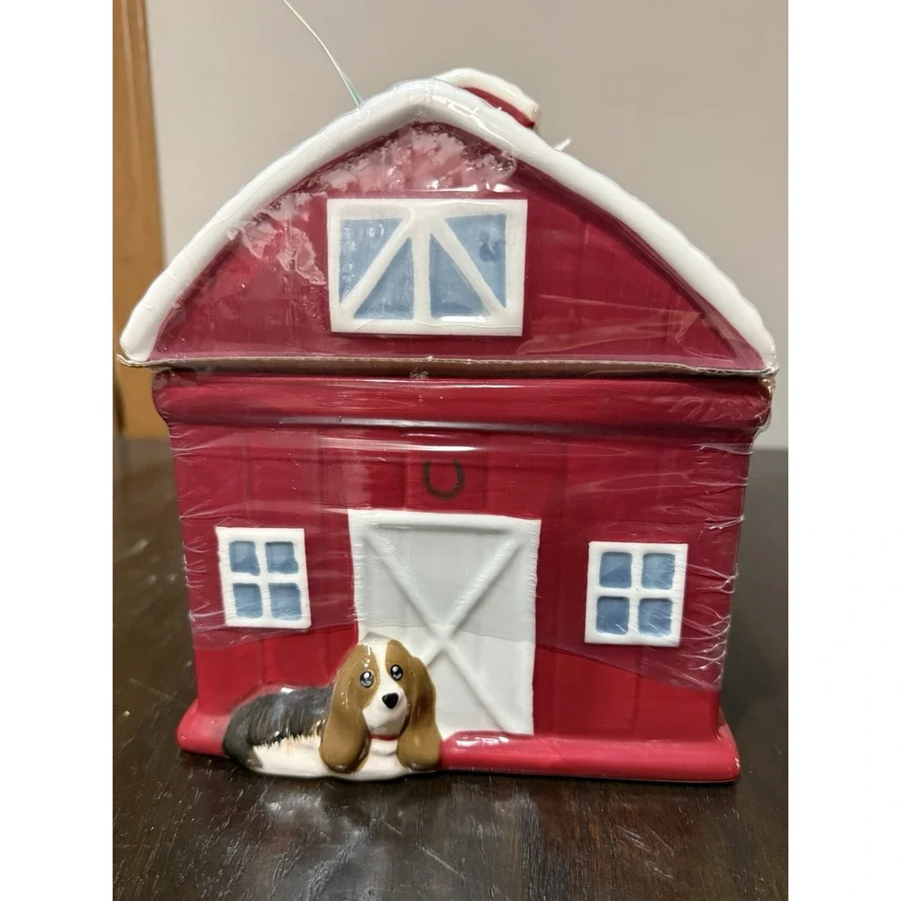 The Pioneer Woman Rustic Red Barn Cookie Jar with Charlie The Basset Hound